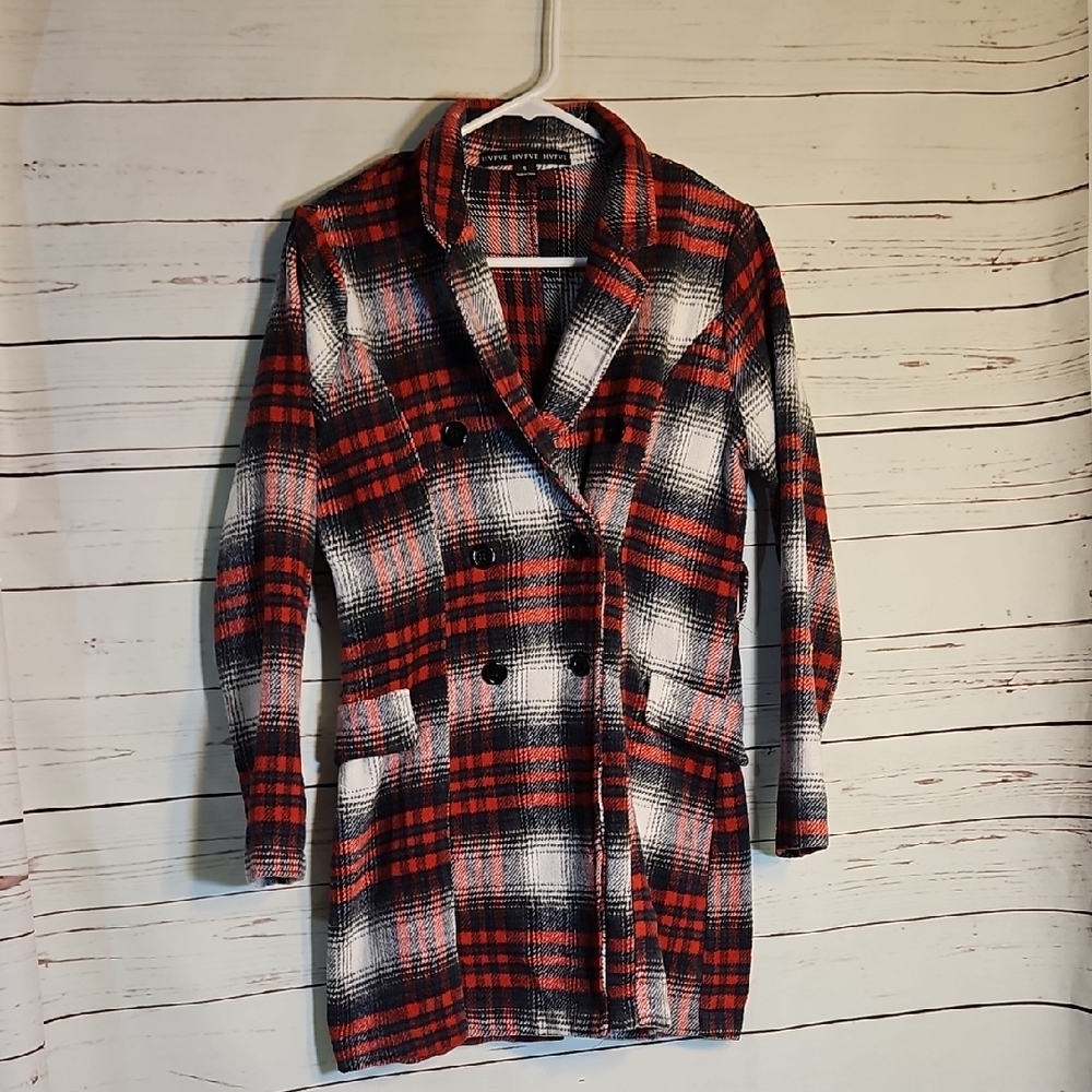 HYFVE Plaid Double Breasted Belted Jacket Women's Size S Red Black White